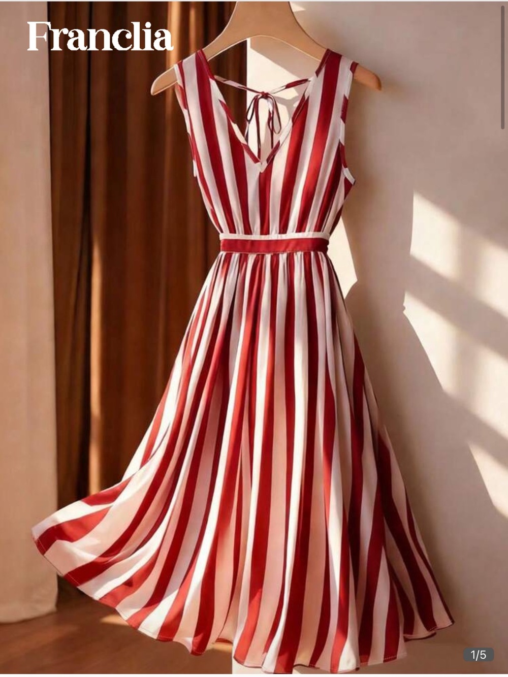 Red & White Striped V-Neck Midi Dress